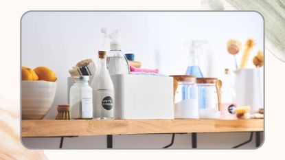 Floating wooden shelf filled with cleaning products to support the one-minute cleaning rule