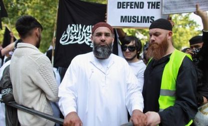 Anjem Choudary leads a protest against the killing of Osama bin Laden outside the US embassy in London. Obama is expected to give a pro-democracy speech to the Muslim world next week.