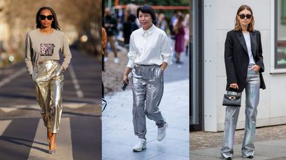 Three women wearing metallic pants