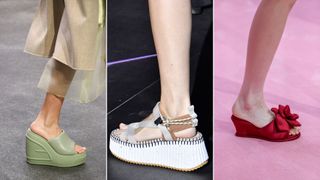 A composite of models on the runway showing spring/summer shoe trends 2023 wedges