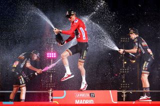 Vuelta a Espana: Sepp Kuss celebrates his overall victory on the podium in Madrid