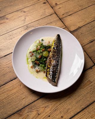 Shetland mackerel, pea, smoked eel, gooseberry and coastal greens