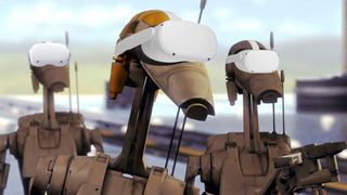 Star Wars "Roger" droids wearing Meta Quest 2 headsets