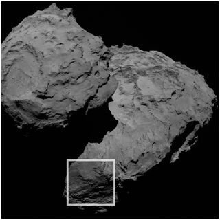 Three unusual boulders are found in the Aker region of Comet 67P/C-G, on the comet’s large lobe (marked with square). Image released May 18, 2015.
