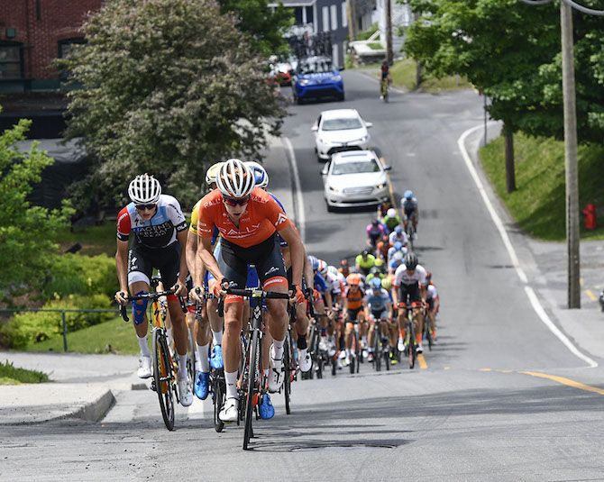 Rob Britton (Rally Cycling) at the front of the peloton