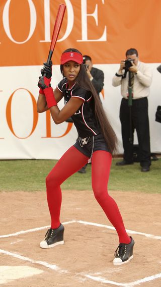 Naomi Campbell playing baseball during her cameo in Ugly Betty
