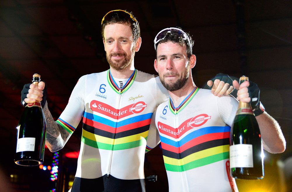 Bradley Wiggins and Mark Cavendish of Great Britain celebrate their second place finish on the Podium after the final of the Six Day London