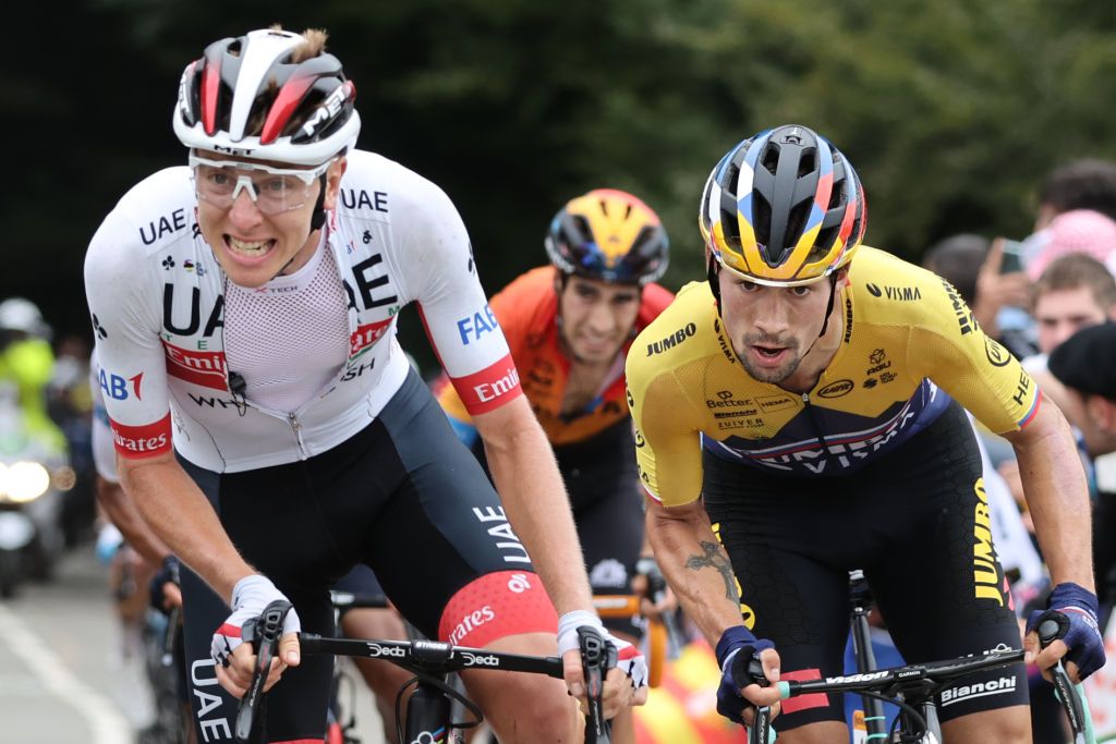 Team UAE Emirates rider Slovenias Tadej Pogacar L and Team Jumbo rider Slovenias Primoz Roglic ride during the 9th stage of the 107th edition of the Tour de France cycling race 154 km between Pau and Laruns on September 6 2020 Photo by KENZO TRIBOUILLARD AFP Photo by KENZO TRIBOUILLARDAFP via Getty Images