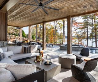 lakeside cabin indoor outdoor porch with lake view