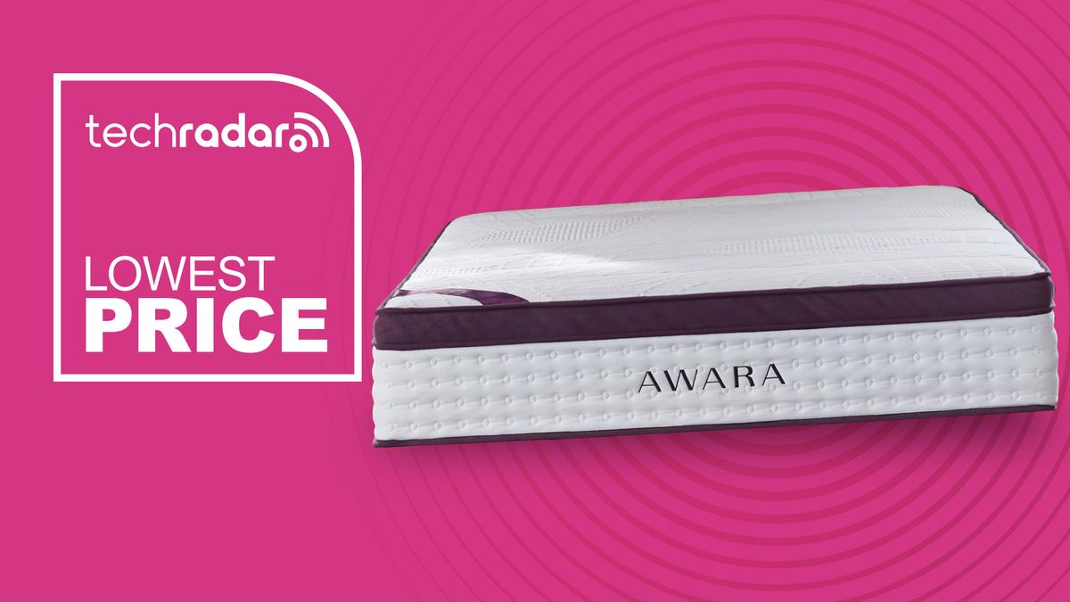 The Awara Premier Natural Hybrid mattress against a pink background with a graphic overlaid saying &quot;LOWEST PRICE&quot;