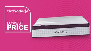 The Awara Premier Natural Hybrid mattress against a pink background with a graphic overlaid saying "LOWEST PRICE"