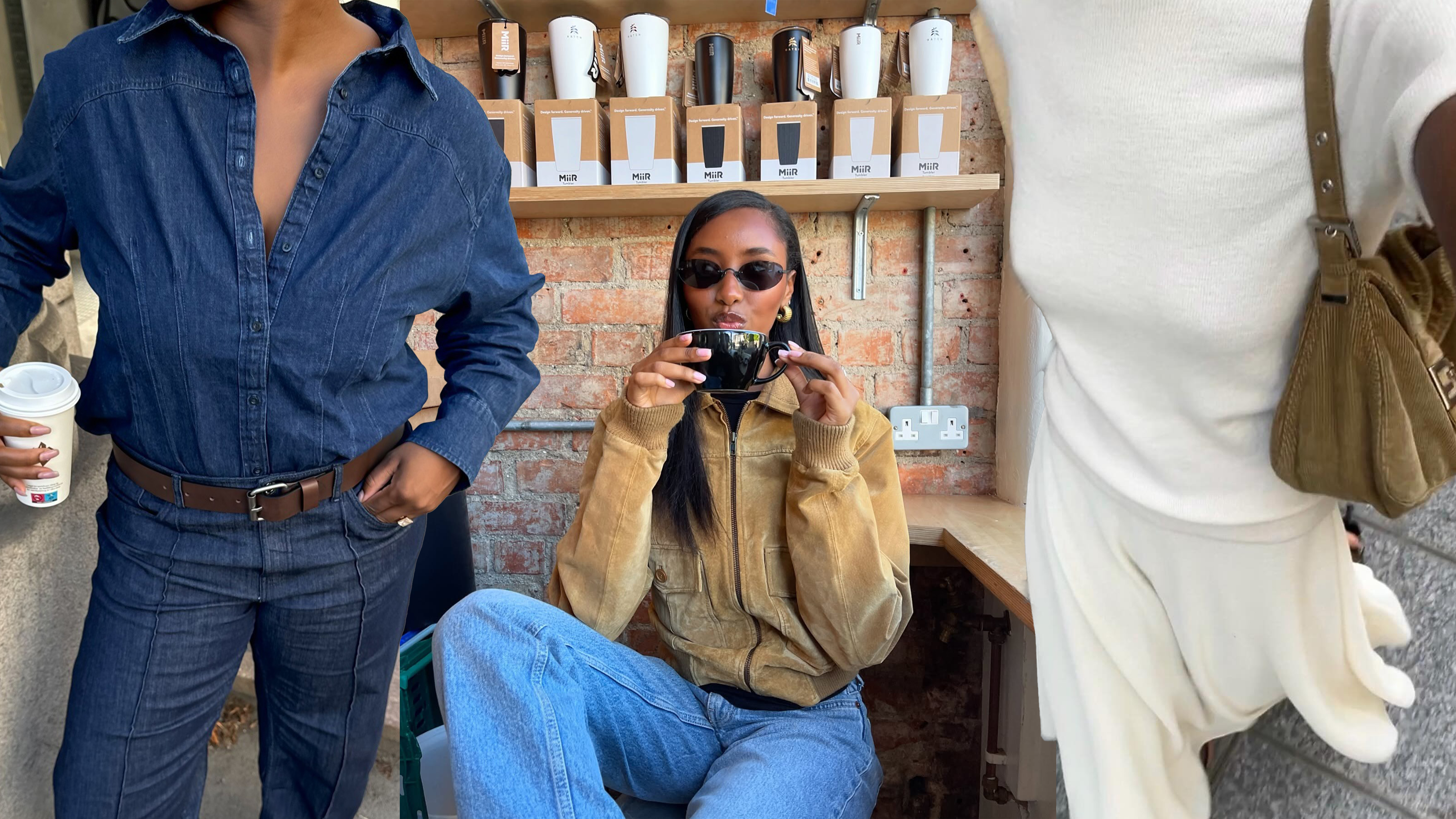 Influencer Nnenna is wearing a denim button-down and dark rinse jeans, while Influencer Rayan is dressed in blue jeans and a suede bomber jacket. Influencer Sylvie is in a white skirt and a white crewneck sweater.