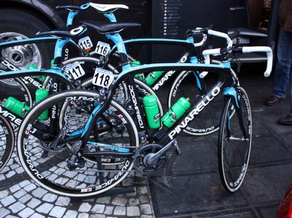 Team Sky headed for Ninove aboard Pinarello Dogmas.