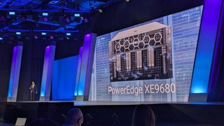 The Dell PowerEdge XE9680 on the keynote stage at Dell Technologies World 2024, with Michael Dell stood in front of it.