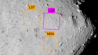 A close-up look at the sites L07, L08 and M04 on the asteroid Ryugu.