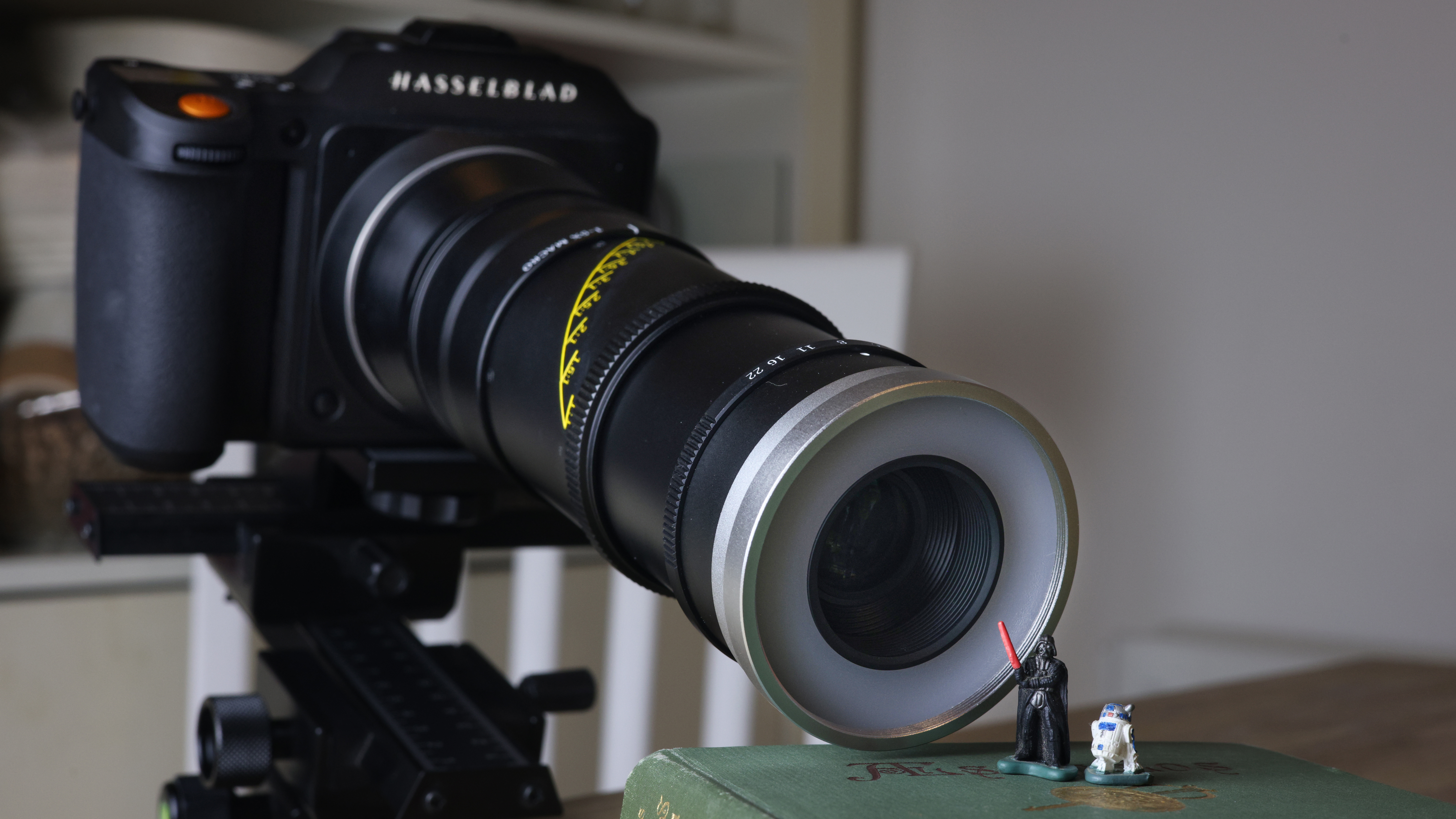 Mitakon 55mm f/2.8 1-5x Macro mounted to. a Hasselblad X2D, photographing miniature Star Wars figures