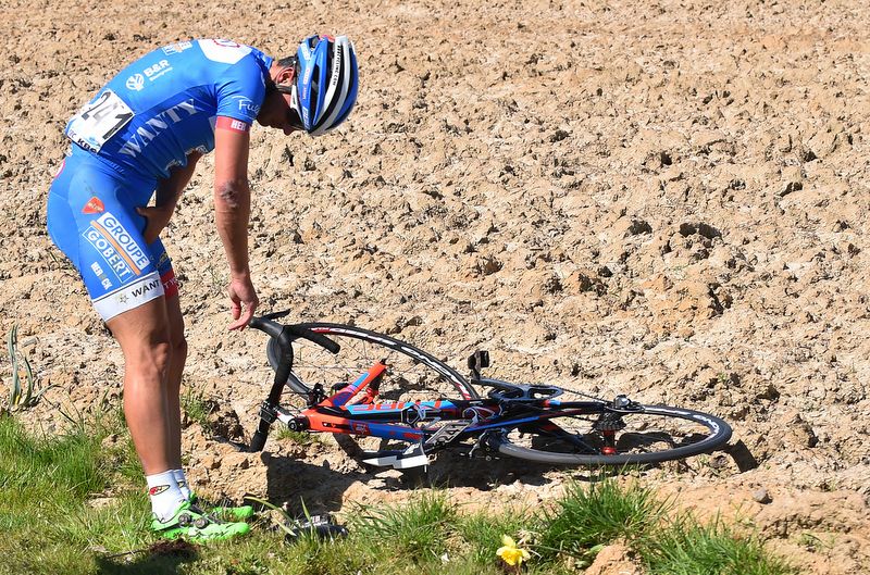 Bj&ouml;rn Leukemans (Wanty) checks himself over after crashing