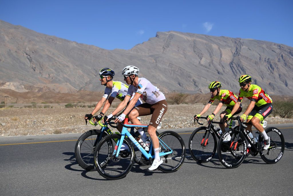 JABAL AL AKHDHAR OMAN FEBRUARY 15 LR Arne Marit of Belgium and Team IntermarcheCircusWanty Oliver Naesen of Belgium and Ag2R Citroen Team Floris De Tier of Belgium and Lennert Teugels of Belgium and Team Bingoal WB compete during the 12th Tour of Oman 2023 Stage 5 a 1522km from Samail to Jabal Al Akhdhar 1214m TourofOman on February 15 2023 in Jabal Al Akhdhar Oman Photo by Alex BroadwayGetty Images