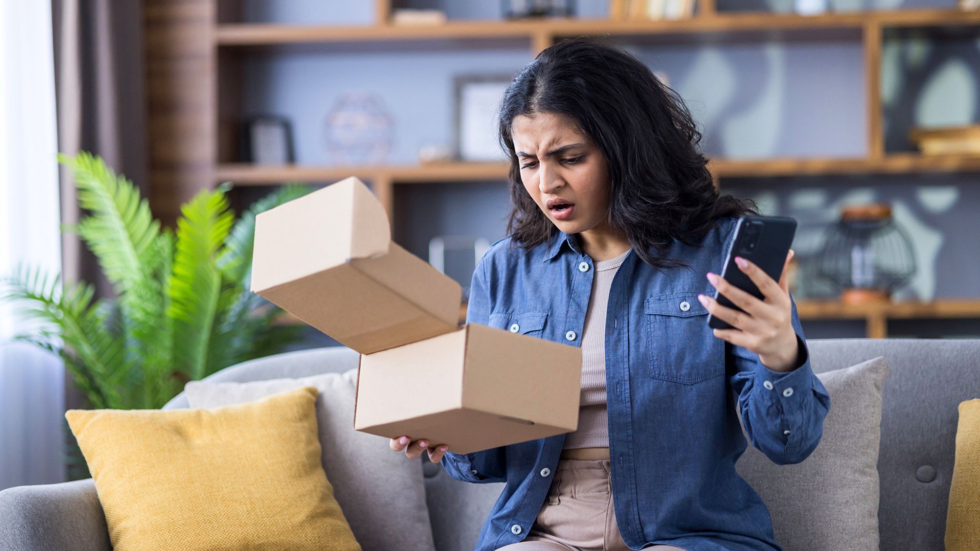 A woman looking at an open box with disappointment