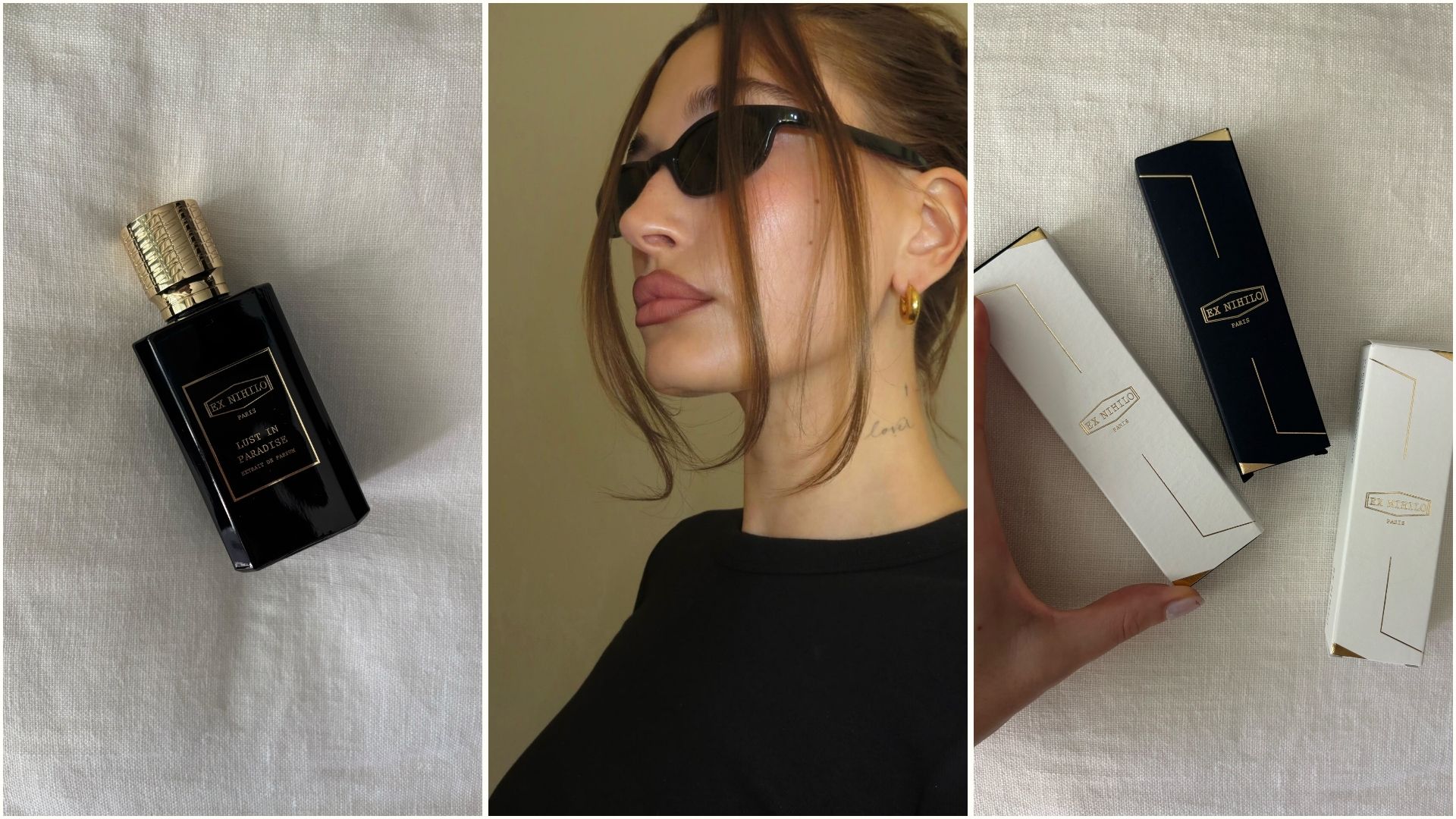 A collage of Hailey Bieber and Ex Nihilo perfumes