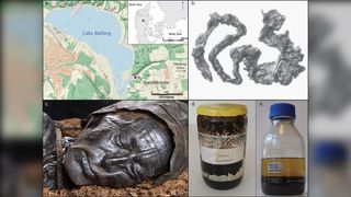 Clockwise from top left: A map showing where Tollund Man was found; a photo of Tollund Man's colon; the jars holding Tollund Man's colon; a photo of Tollund Man's head.