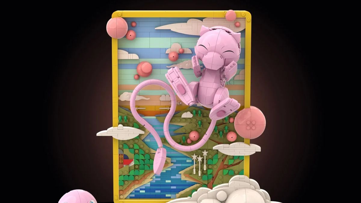 Lego Mew jumping on a sunset background