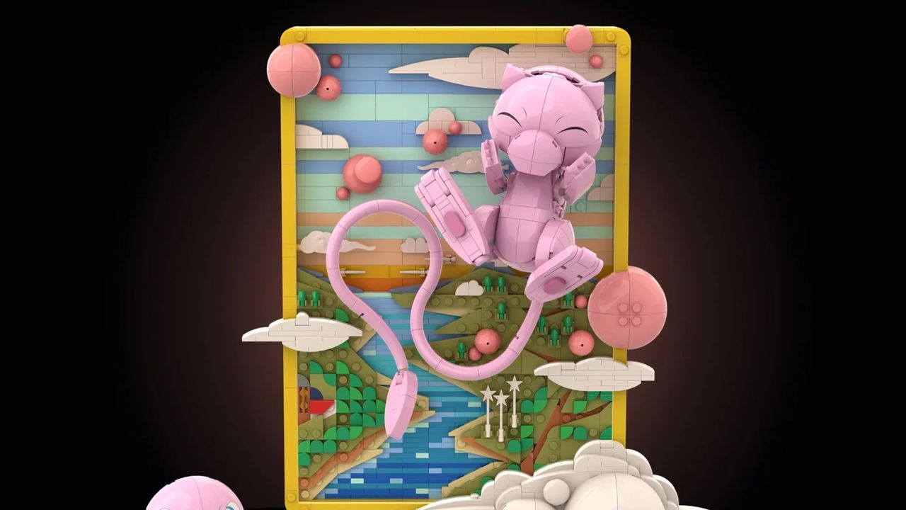 Lego Mew jumping on a sunset background