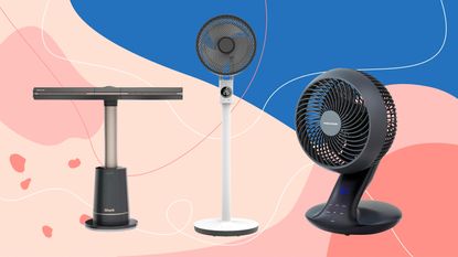 Cut-outs of the best fans including Shark TurboBlade, Meaco Sefte Pedestal Fan and the Morphy Richards Air Flex Air Circulator on a multi coloured background