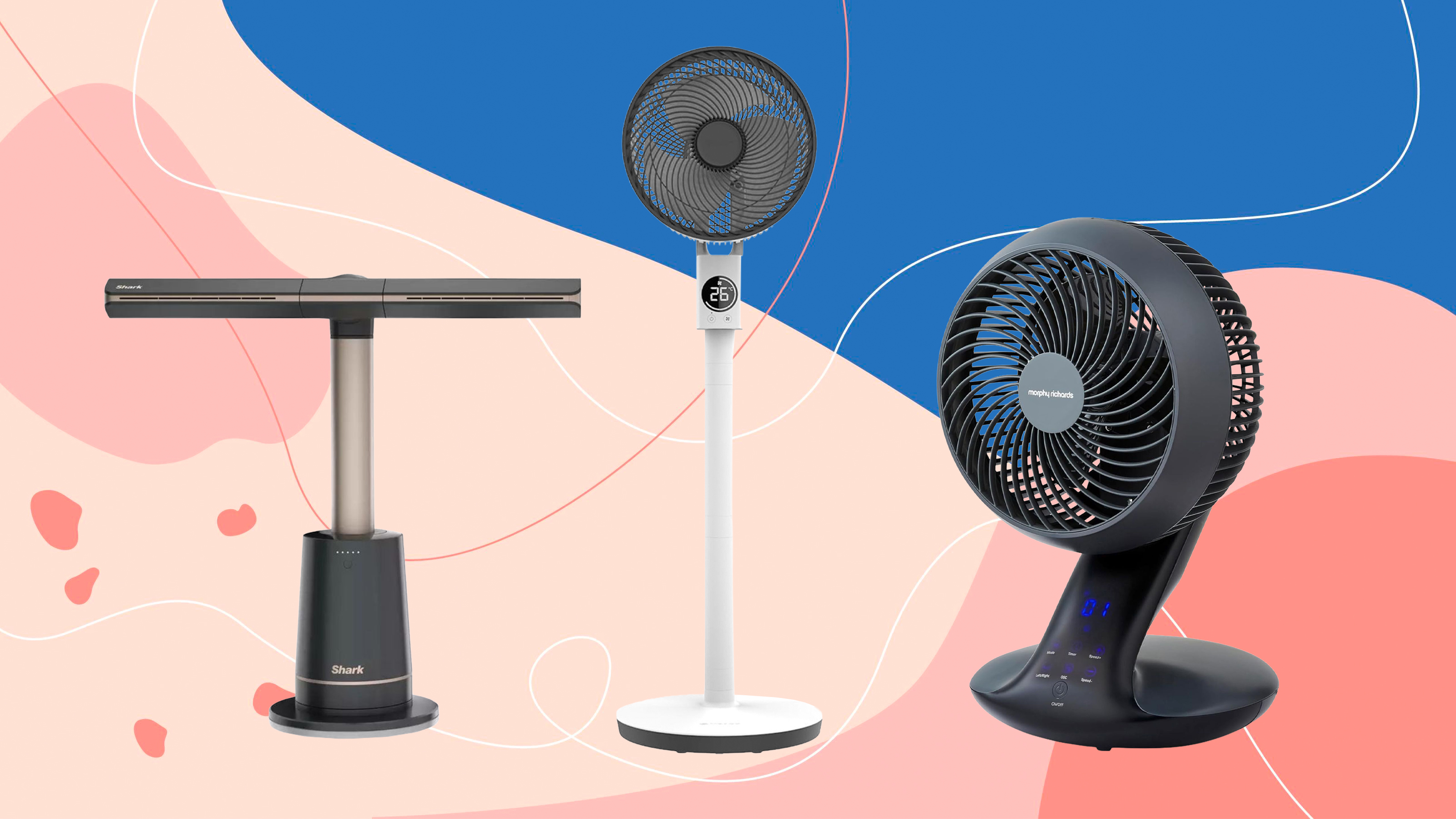 Cut-outs of the best fans including Shark TurboBlade, Meaco Sefte Pedestal Fan and the Morphy Richards Air Flex Air Circulator on a multi coloured background