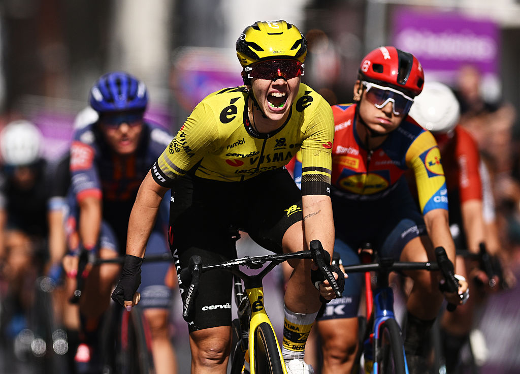 ZWEVEGEM, BELGIUM - JULY 20: Martina Fidanza of Italy and Team Visma | Lease a Bike celebrates at finish line as stage winner during the 11th Baloise Ladies Tour 2025, Stage 4 a 127.3km stage from Zwevegem to Zwevegem on July 20, 2025 in Zwevegem, Belgium. (Photo by Luc Claessen/Getty Images