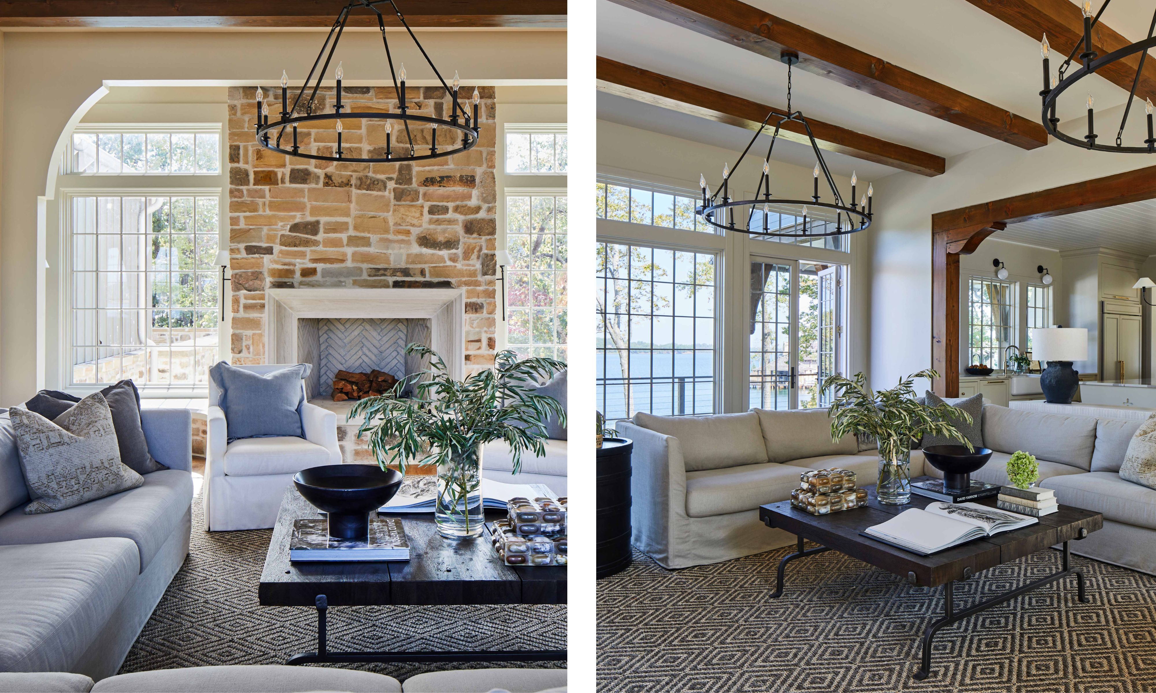 two shots side by side of the same living room from different angles, showing a brick fireplace, gray sofas and white walls with wood beams on the ceiling