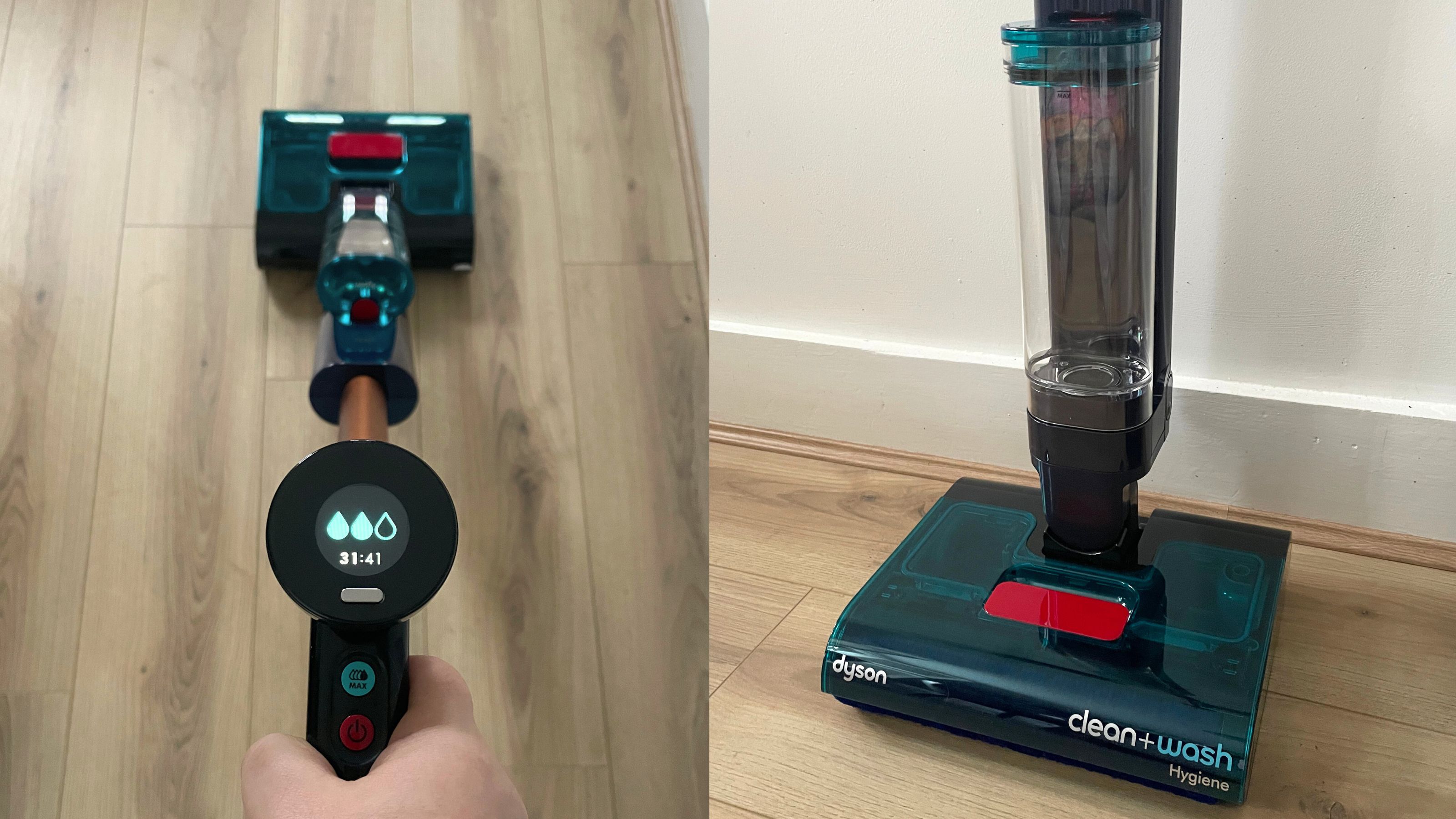 Split image of Dyson Clean+Wash Hygiene in use on wood-effect flooring on the left, and a close up of the floorhead on the right