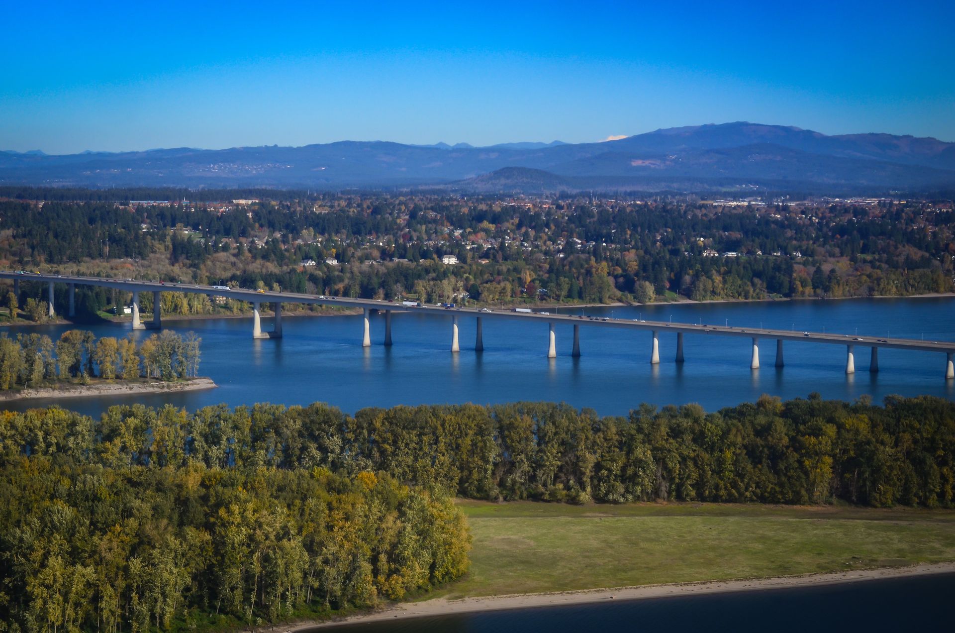 The Interstate Bridge carries traffic over the Columbia River between Vancouver, Washington, and Portland, Oregon