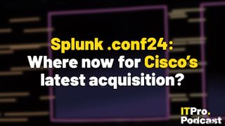The words ‘Splunk .conf24: Where now for Cisco's latest acquisition? ’ overlaid on a lightly-blurred image of the keynote hall at Splunk .conf24 . Decorative: the words ‘Splunk .conf24:’ and 'Cisco's' are in yellow, while other words are in white. The ITPro podcast logo is in the bottom right corner.