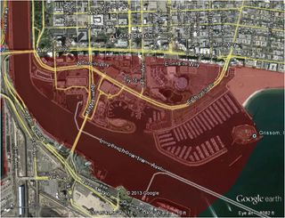 A map of the California coast in the City of Long Beach showing areas predicted to be inundated (in red) by the SAFRR Tsunami scenario. These include the Long Beach Convention Center and many retail businesses.