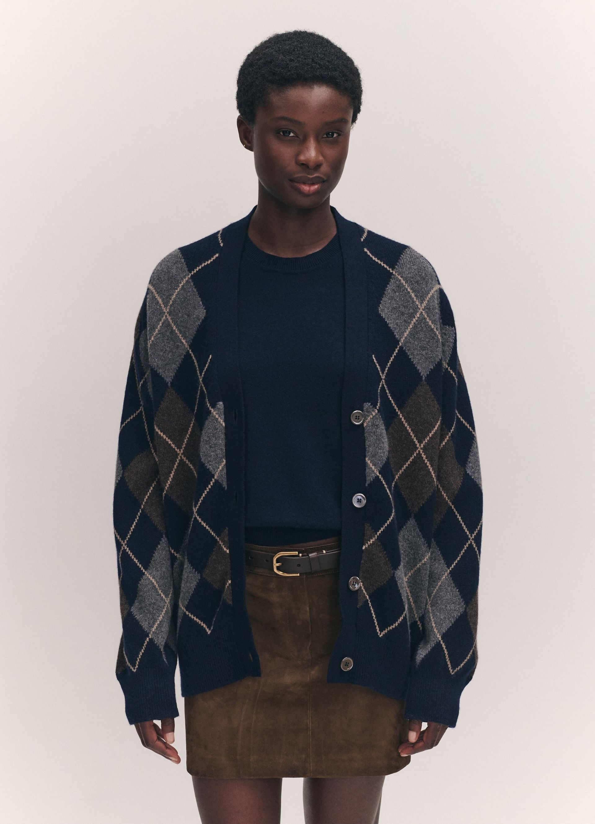 Ava Argyle Cardigan in Navy With Brown