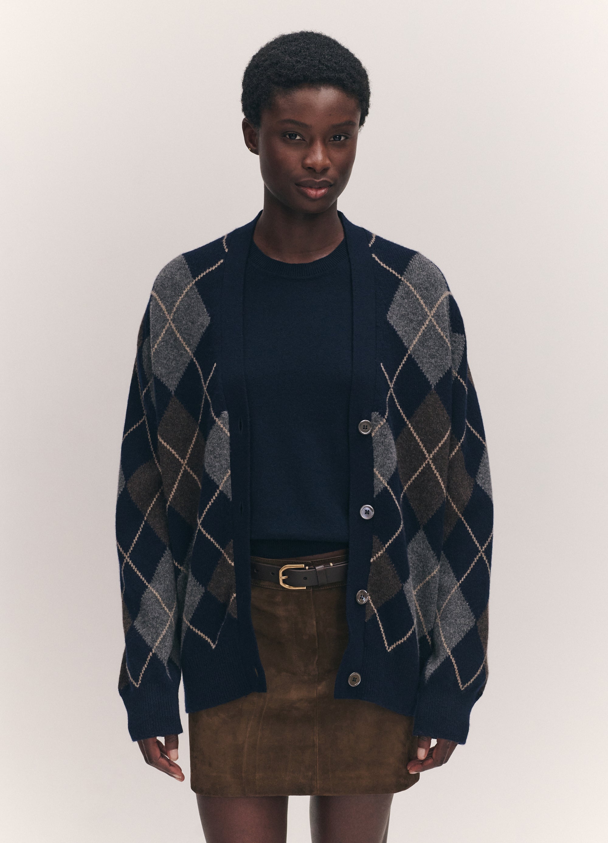 Ava Argyle Cardigan in Navy With Brown