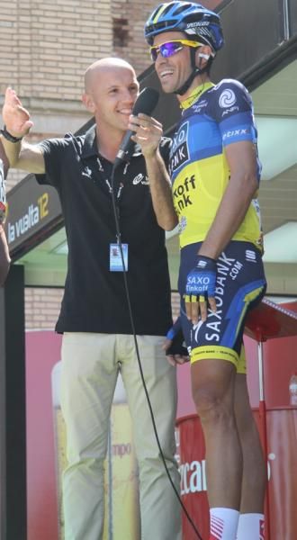 Alberto Contador is interviewed before the start