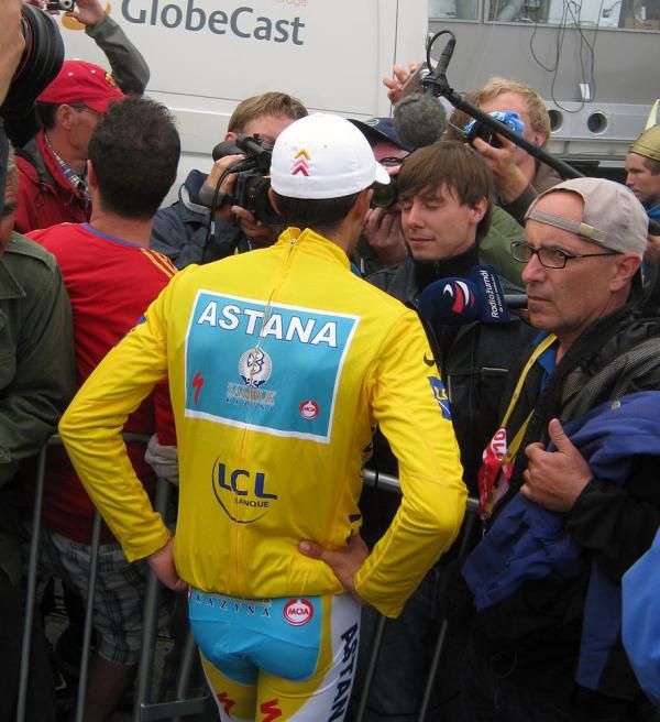 Alberto Contador (Astana) heads to the podium.