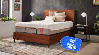 A side on shot of the Tempur-Pedic Tempur-Contour Luxe Breeze Mattress 1.0 on a bed frame in a styled bedroom, a Tom's Guide price drop badge in the bottom right corner