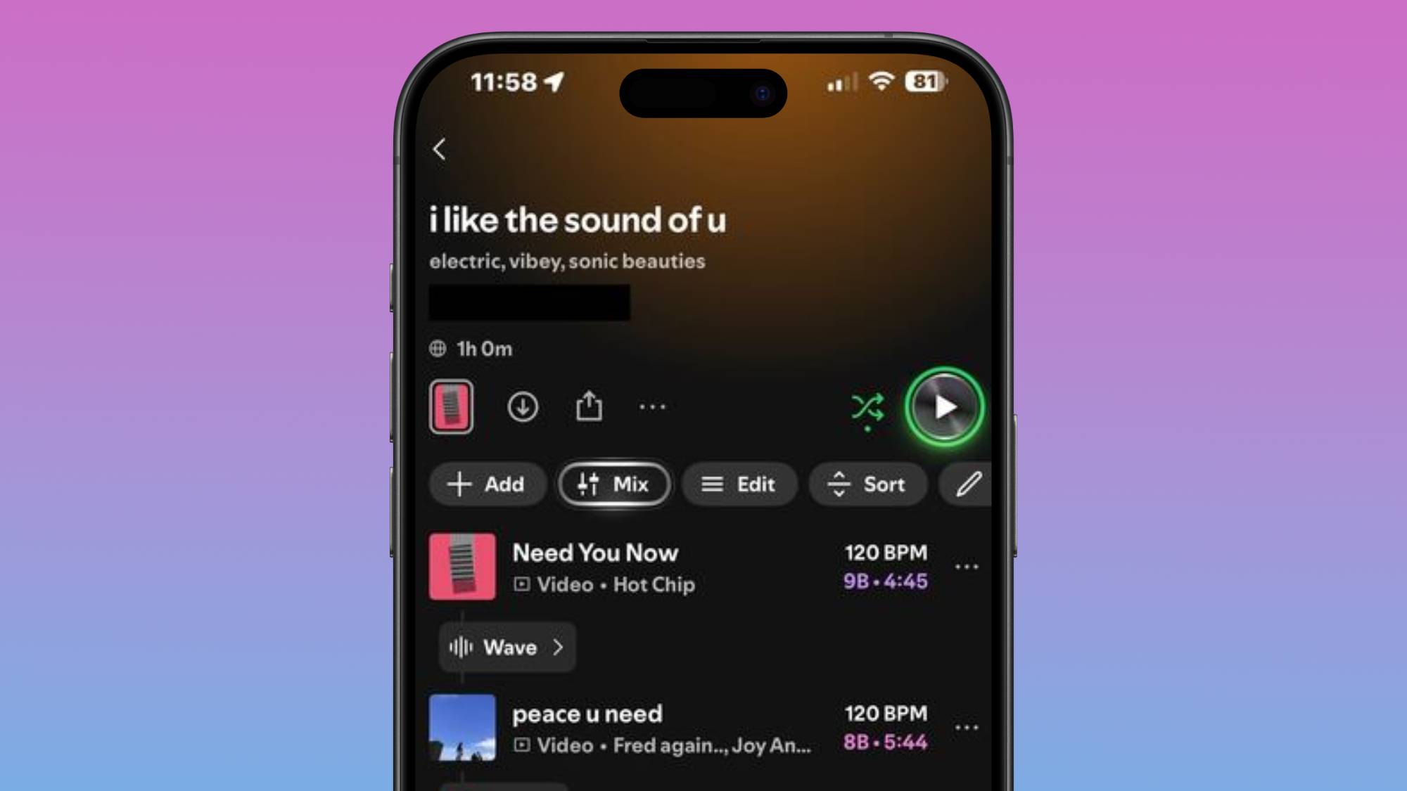 A screen shot of an audio-mixed Spotify playlist on shuffle