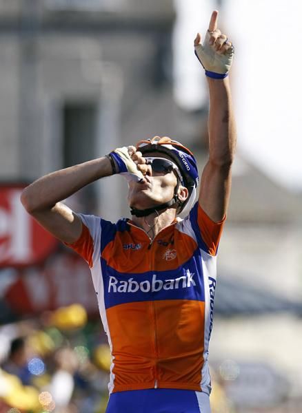 Stage nine winner Luis Leon Sanchez (Rabobank) has another child on the way and thinks of his pregnant wife as he crosses the finish line.