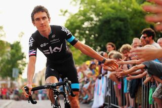 Geraint Thomas greets fans during the team presentation in Utrecht.