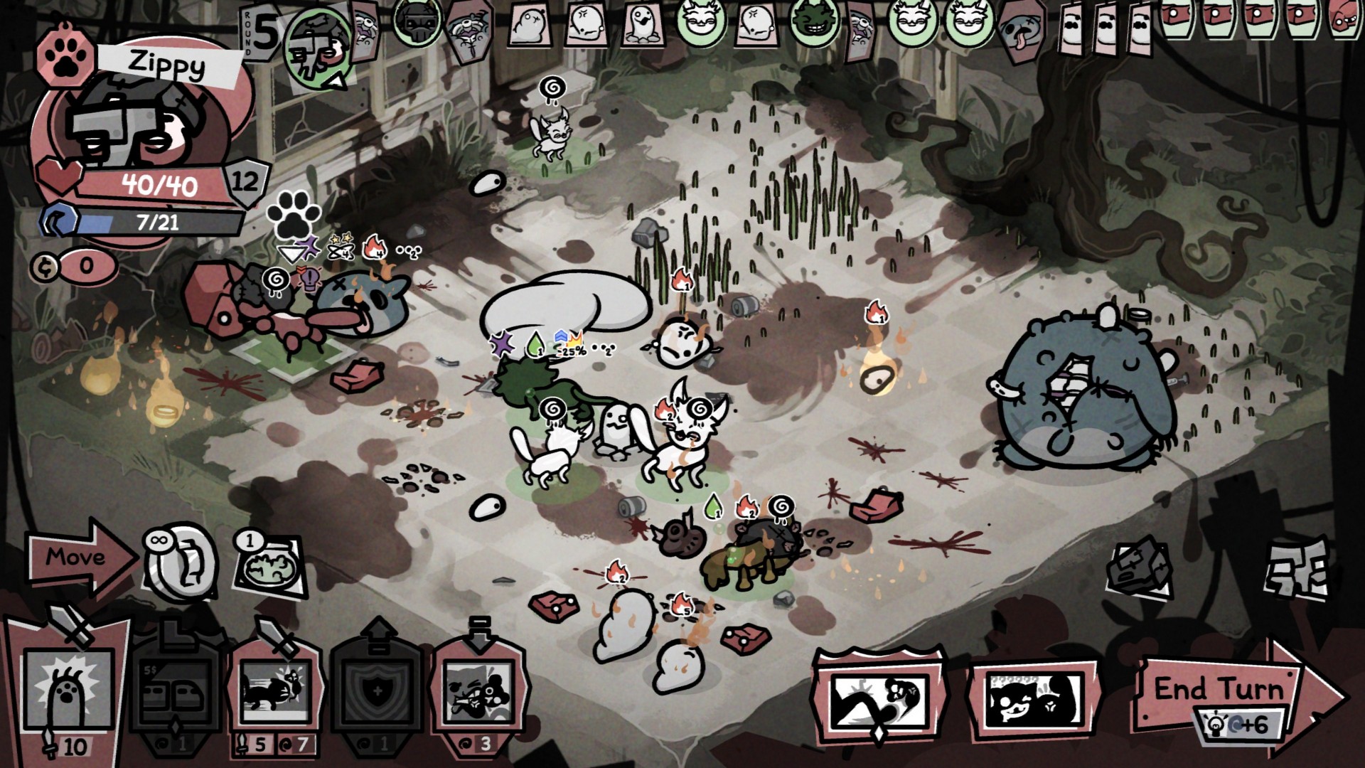 A chaotic fight with Guillotina's third phase, with multiple sentient rocks, cleric clones, and enemy maggots