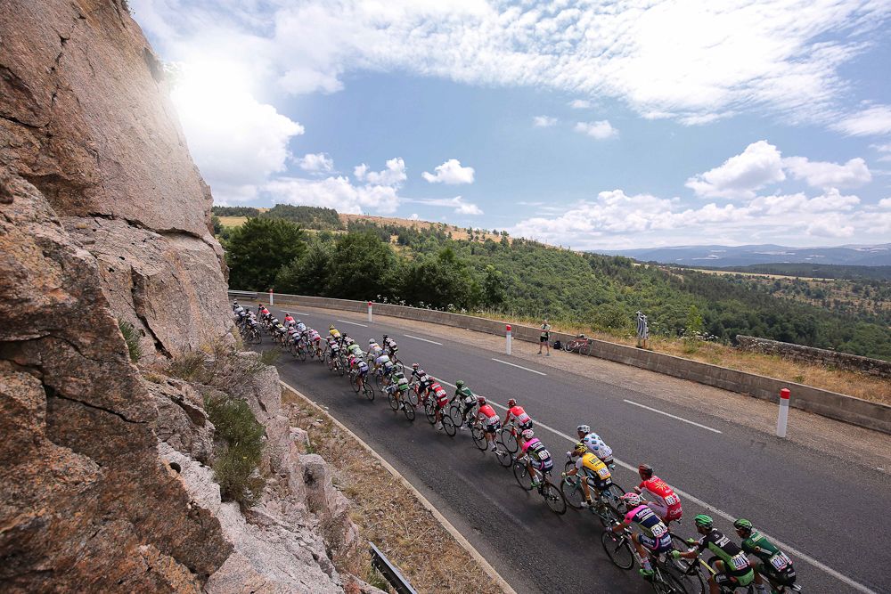 The peloton rolls through the French countryside during stage 15.