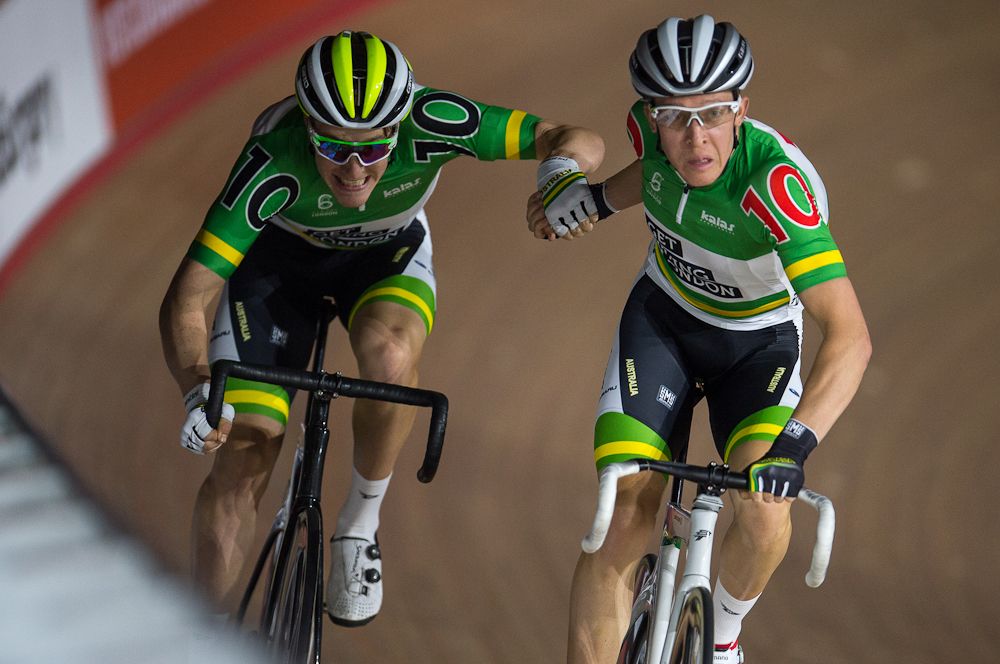 Cameron Meyer and Callum Scotson of Australia compete in the Six Day London Cycling at the Velodrome on October 25, 2016 in London, England.