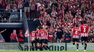 BILBAO, SPAIN - OCTOBER 06: Gorka Guruzeta of Athletic Club celebrates with his teammates after scoring his team's first goal during the LaLiga EA Sports match between Athletic Club and UD Almeria at Estadio de San Mames on October 06, 2023 in Bilbao, Spain. (Photo by Ion Alcoba/Quality Sport Images/Getty Images)