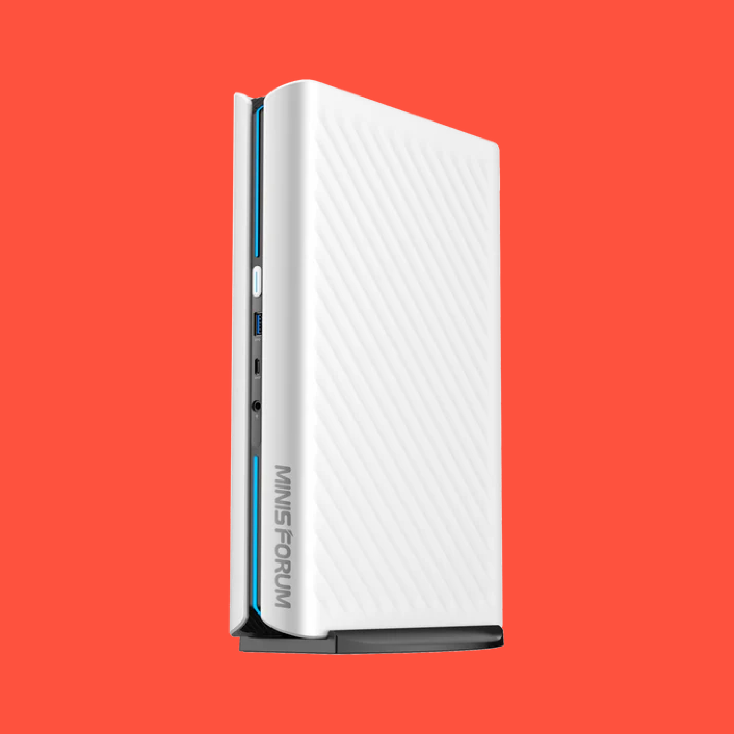 A Minisforum AtomMan G1 Pro mini PC on a red background.