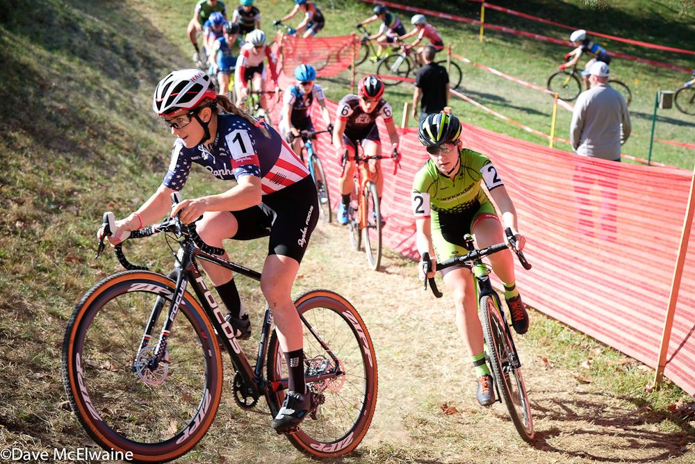 Ellen Noble (Aspire Racing) led Emma White after the first off-camber section of the course