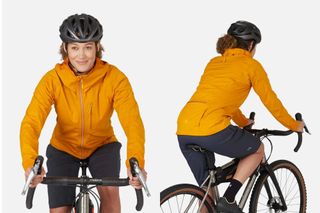 Women's Cinder Kinetic Waterproof Biking Jacket shown on a rider front and back on the bike